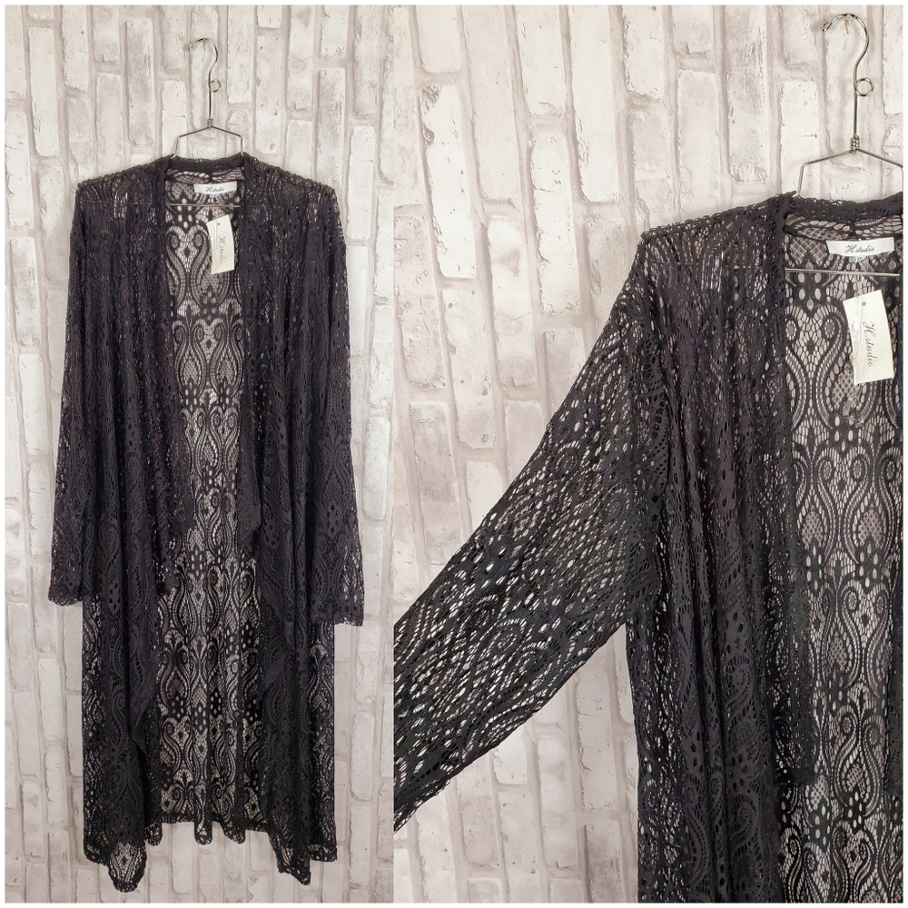 Plus size black stretch lace duster cardigan